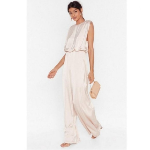 New Nasty Gal Champagne Wide Leg Satin Jumpsuit 4 Womens Elegant Sophisticated - Picture 6 of 12